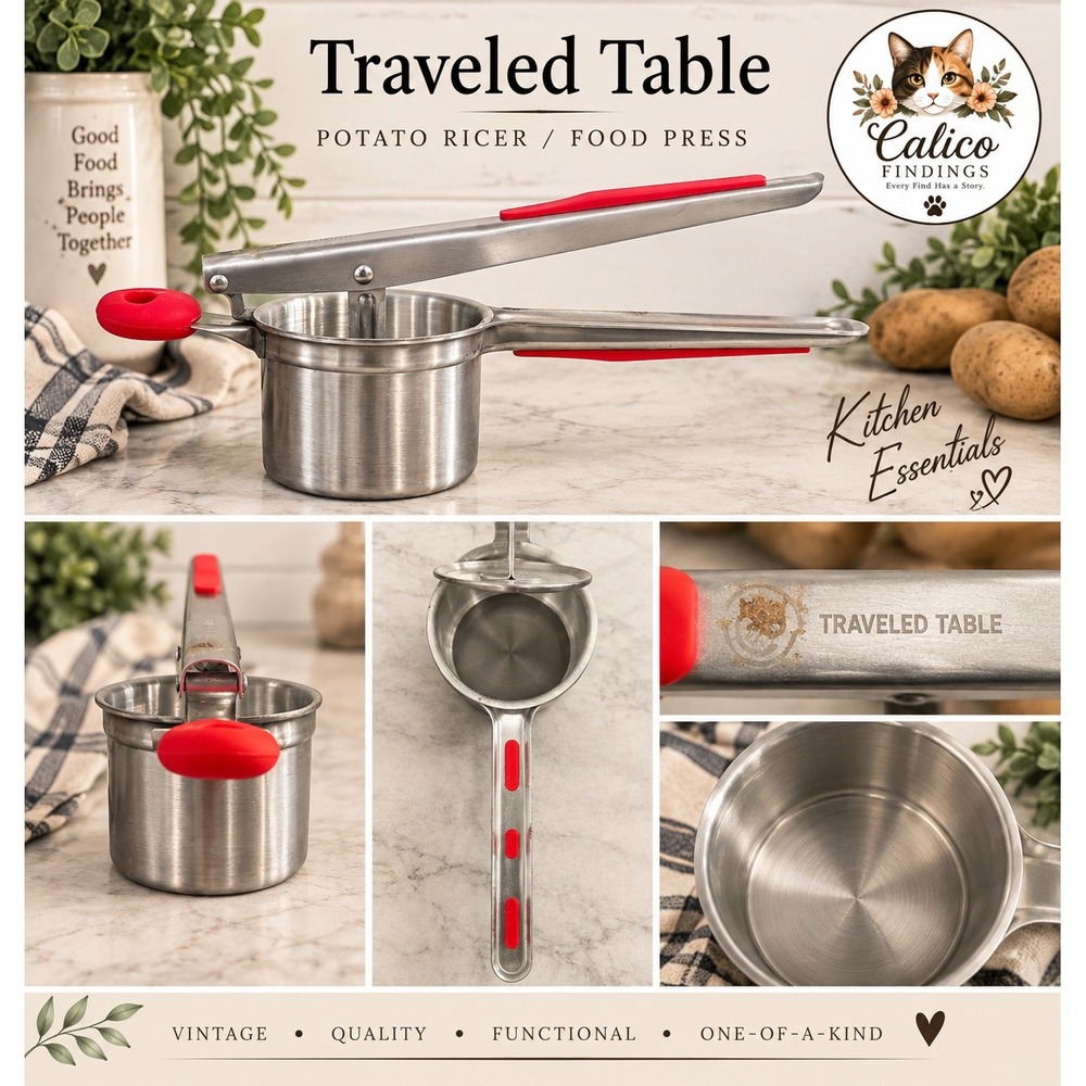 Traveled Table Stainless Steel Potato Ricer Fruit Press Red Silicone Grips 12.5"